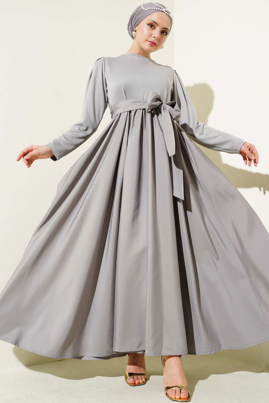 Belted Garnished Mevlana Dress Gray