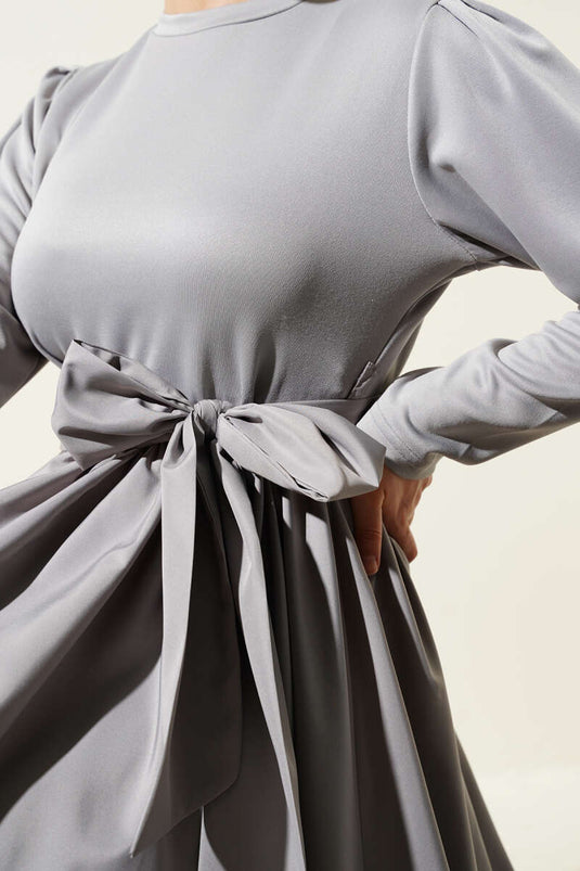 Belted Garnished Mevlana Dress Gray