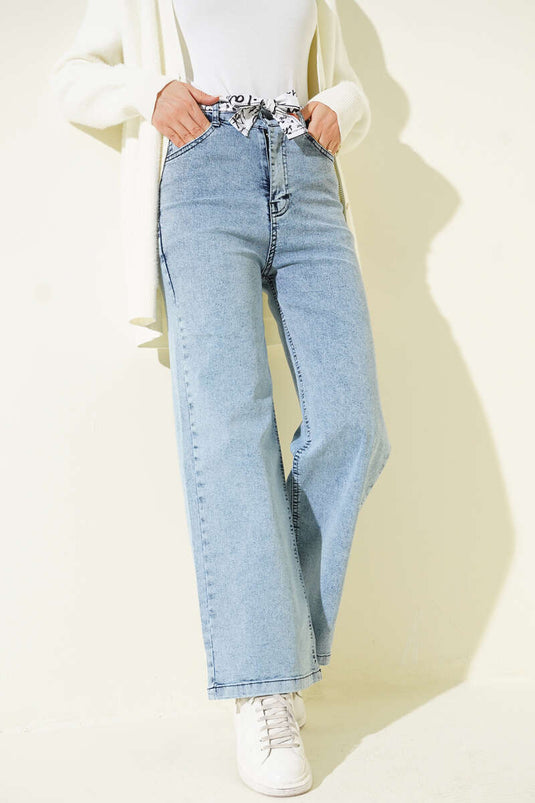 Kuşaklı Geniş Paça Kot Pantolon Açık Kot