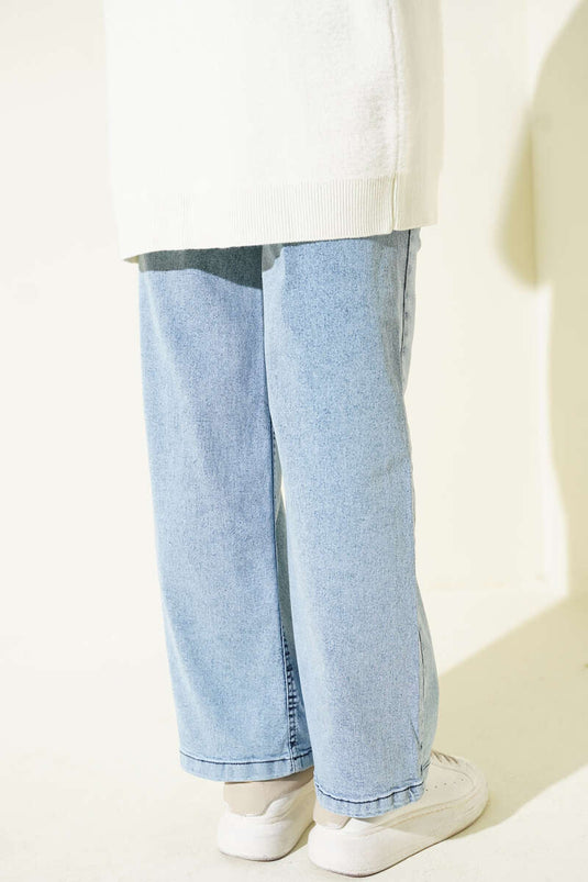 Jean à jambe large avec ceinture, denim clair