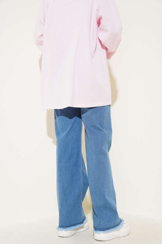 بنطال جينز واسع الساق بحزام أزرق متوسط