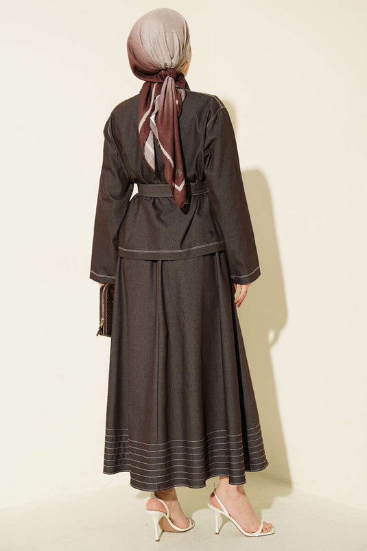 Kuşaklı Göğüs Cepli Kot Etekli Takım Acı Kahve