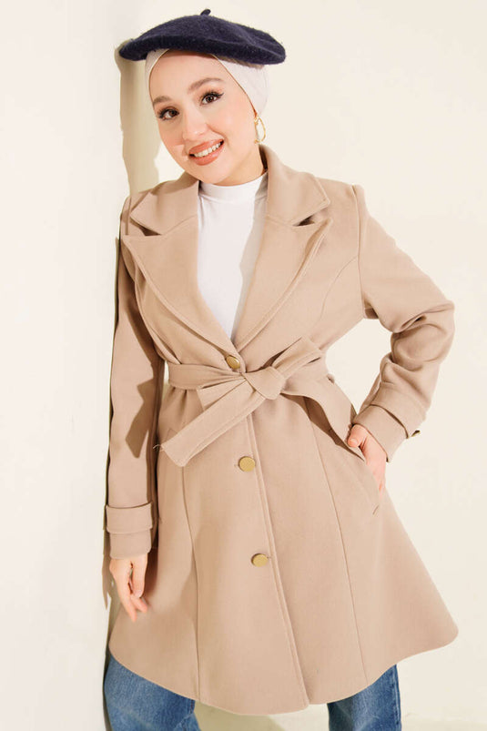 Belted Gold Buttoned Cashmere Coat Beige