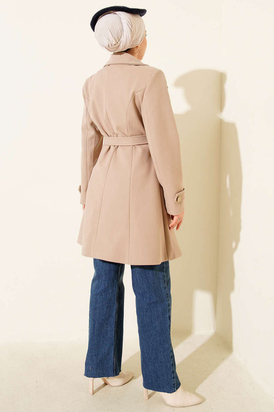 Belted Gold Buttoned Cashmere Coat Beige