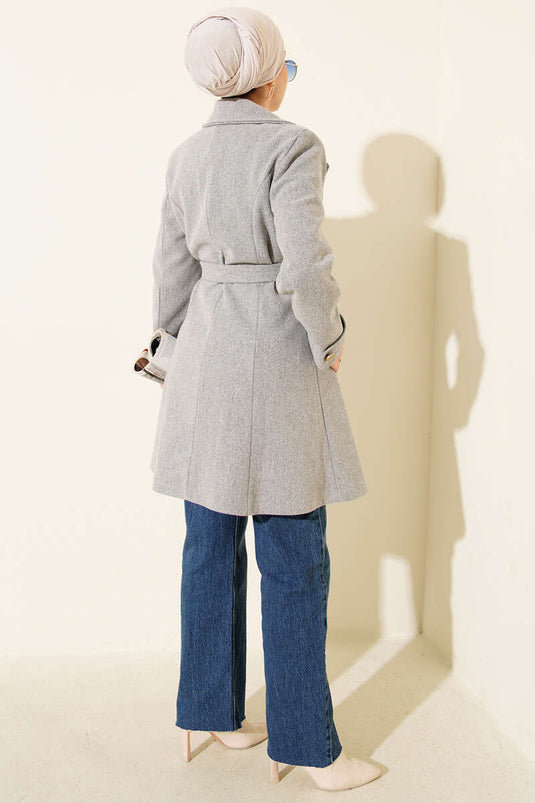 Belted Gold Buttoned Cashmere Coat in Gray