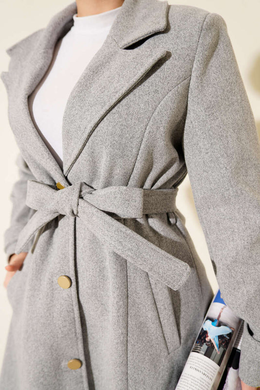 Belted Gold Buttoned Cashmere Coat in Gray