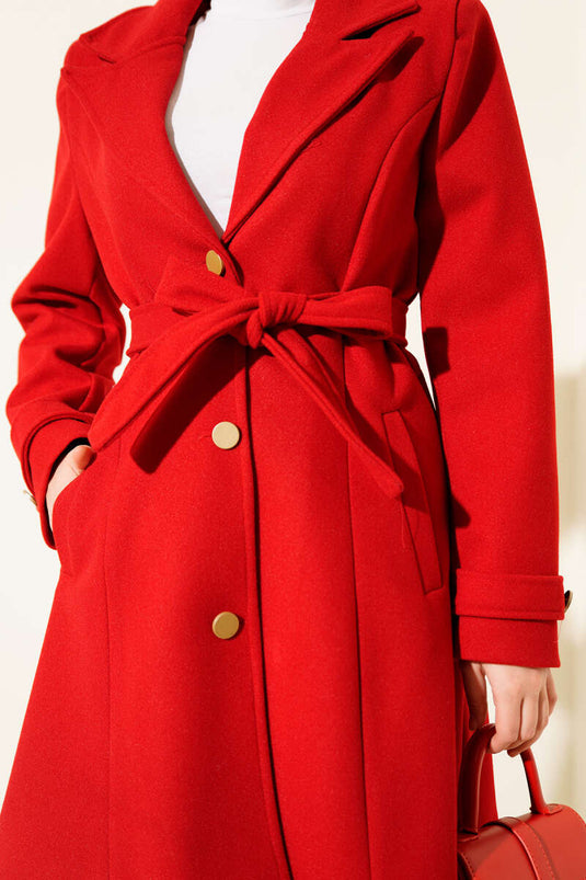 Kuşaklı Gold Düğmeli Kaşe Kaban Kırmızı