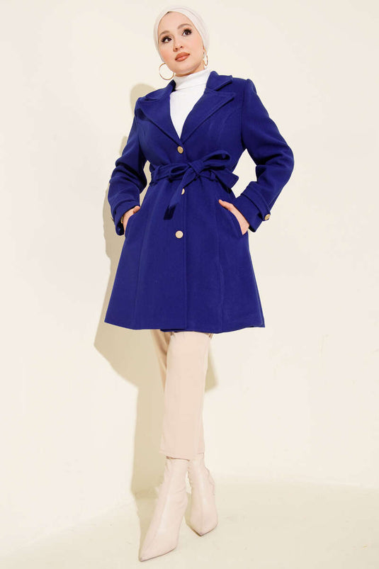 Kuşaklı Gold Düğmeli Kaşe Kaban Saks