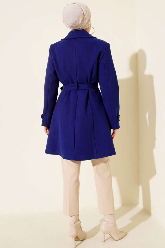 Kuşaklı Gold Düğmeli Kaşe Kaban Saks