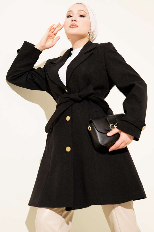 Belted Gold Buttoned Cashmere Coat Black