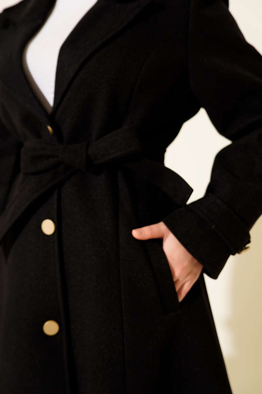 Belted Gold Buttoned Cashmere Coat Black