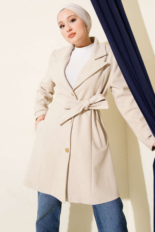 Belted Gold Buttoned Cashmere Coat Stone