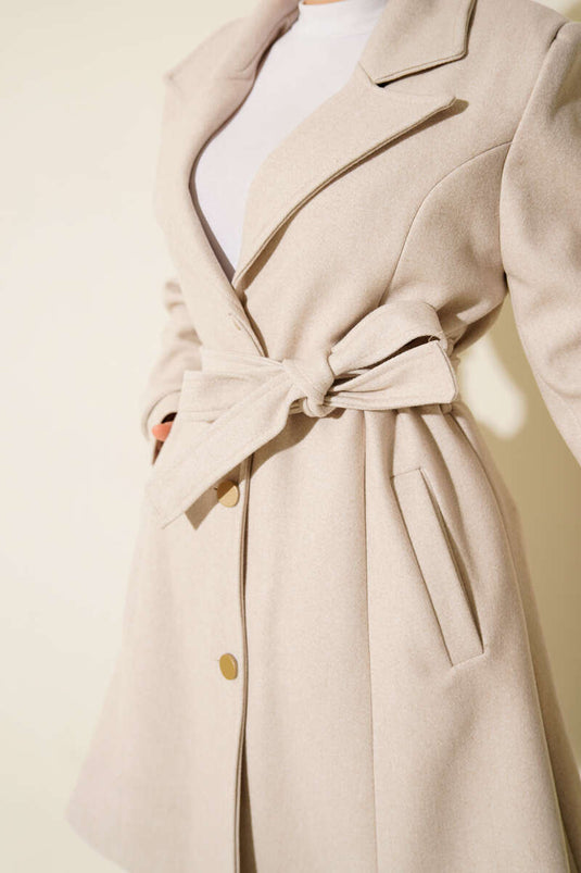 Belted Gold Buttoned Cashmere Coat Stone