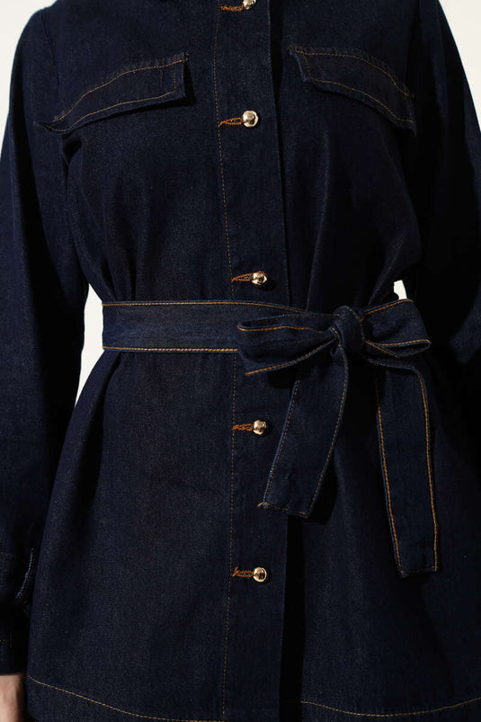Zweiteiliges Jeans-Set mit Gürtel und goldfarbenen Knöpfen, Marineblau