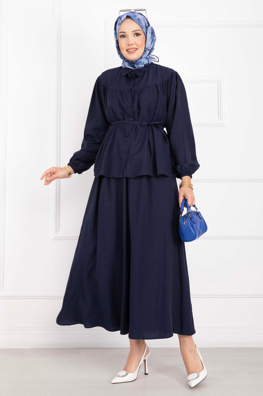 Conjunto De Blusa Y Falda Con Cinturón Azul Marino