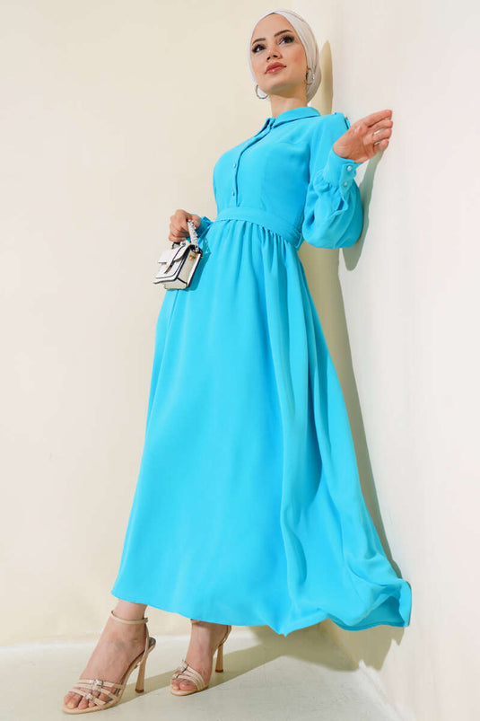 Belted Shirt Collar Dress Turquoise