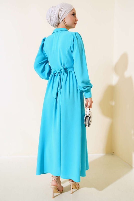 Belted Shirt Collar Dress Turquoise
