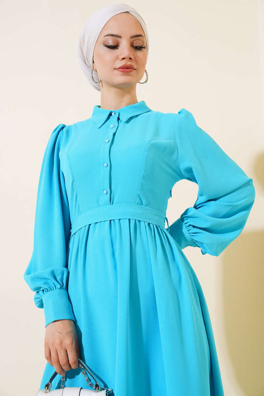 Belted Shirt Collar Dress Turquoise