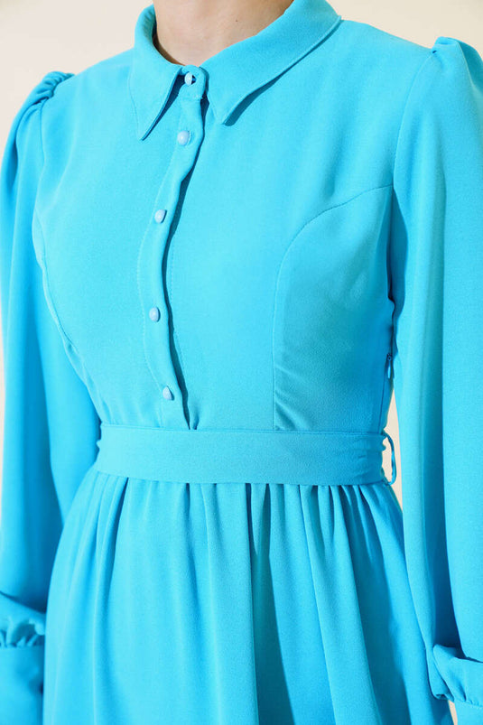 Belted Shirt Collar Dress Turquoise