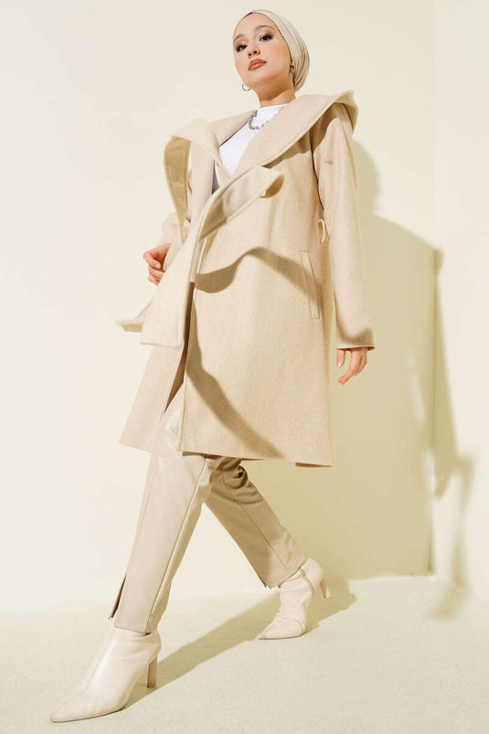 Belted Hooded Cashmere Coat Beige