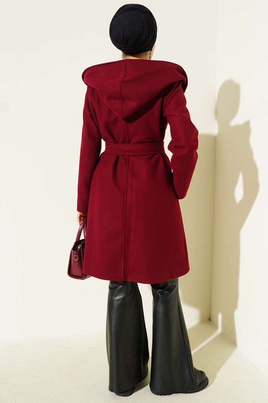 Belted Hooded Cashmere Coat Burgundy