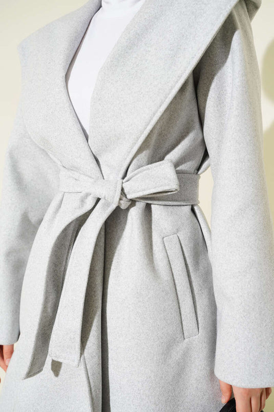 Belted Hooded Cashmere Coat Gray