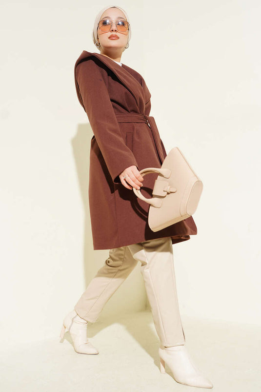 Belted Hooded Cashmere Coat Chestnut