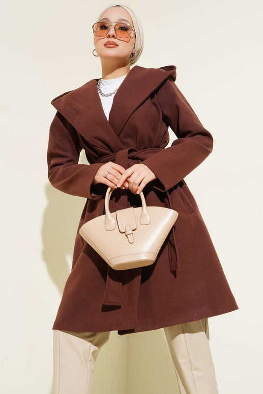 Belted Hooded Cashmere Coat Chestnut