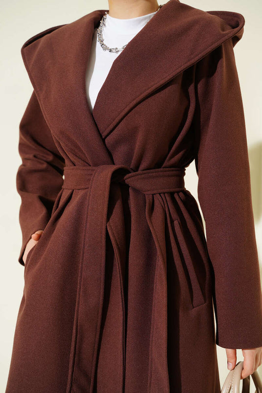 Belted Hooded Cashmere Coat Chestnut