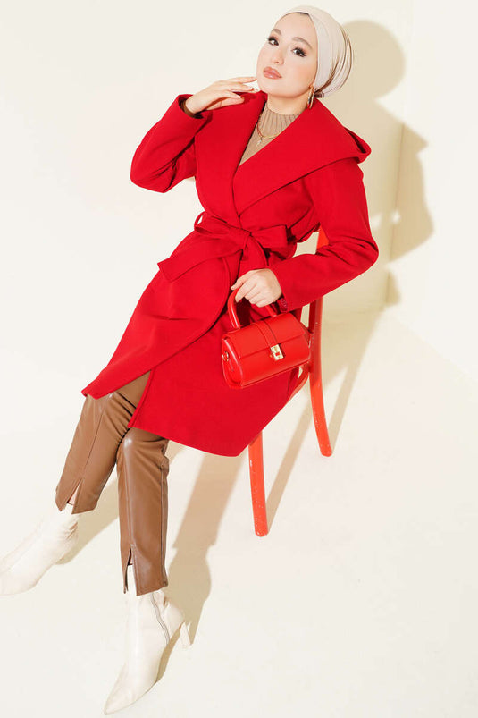 Kuşaklı Kapüşonlu Kaşe Kaban Kırmızı