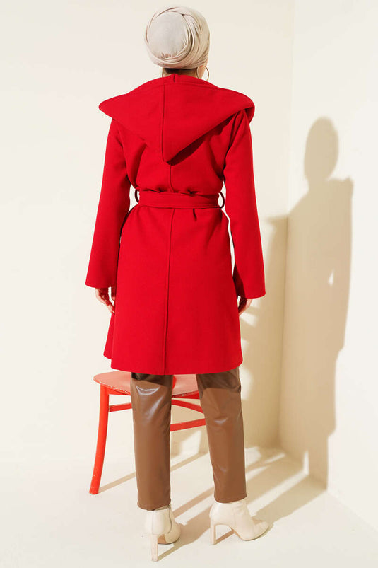 Kuşaklı Kapüşonlu Kaşe Kaban Kırmızı