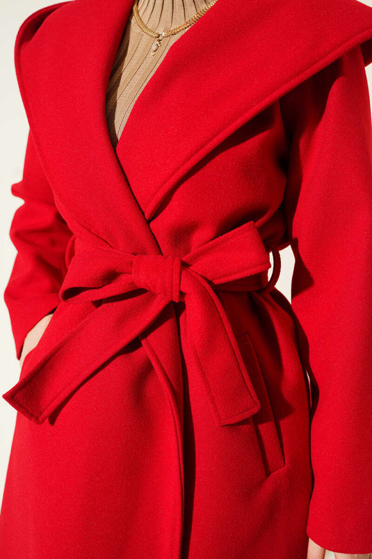 Kuşaklı Kapüşonlu Kaşe Kaban Kırmızı
