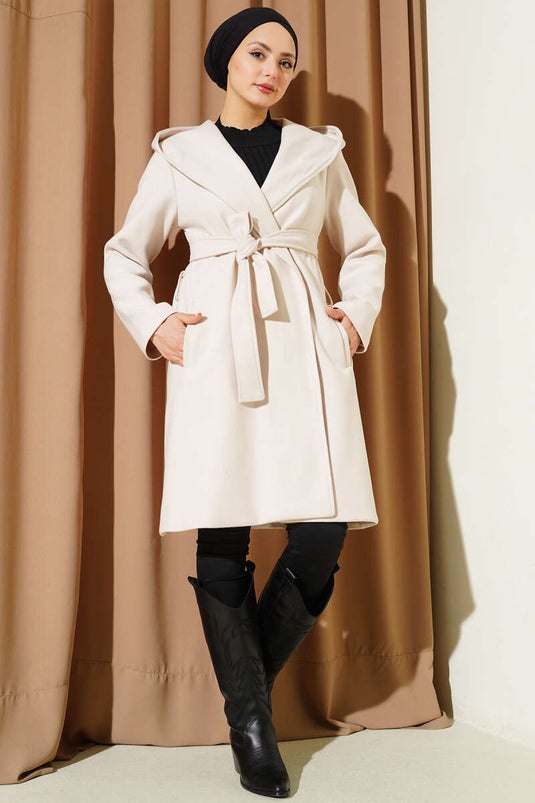 Manteau en laine à capuche avec ceinture crème