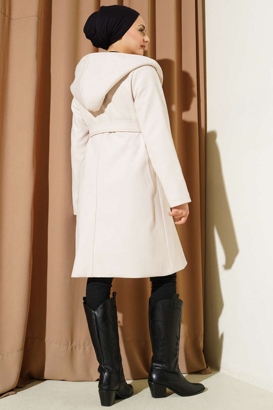 Manteau en laine à capuche avec ceinture crème