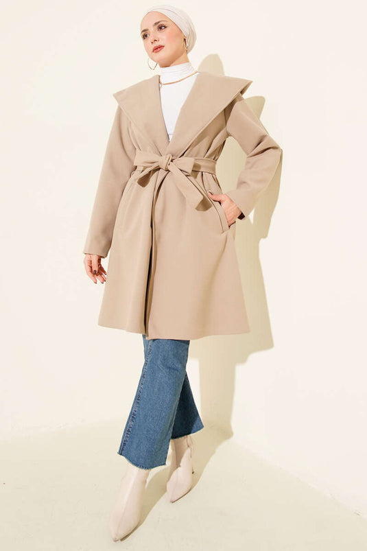 Kuşaklı Kapüşonlu Kaşe Kaban Kum Bej