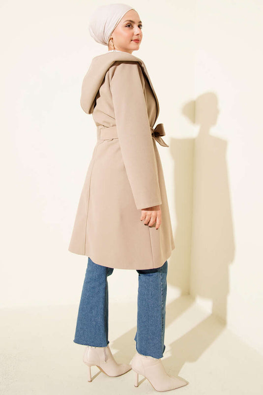 Kuşaklı Kapüşonlu Kaşe Kaban Kum Bej