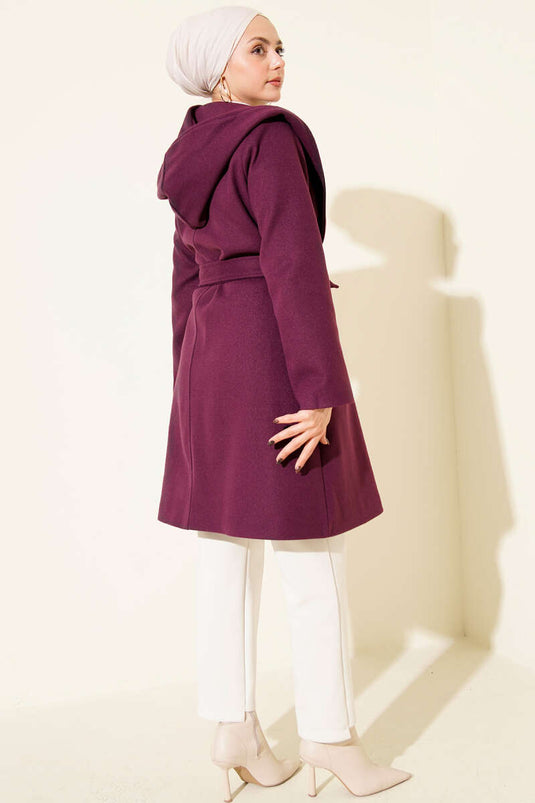 Kuşaklı Kapüşonlu Kaşe Kaban Mor