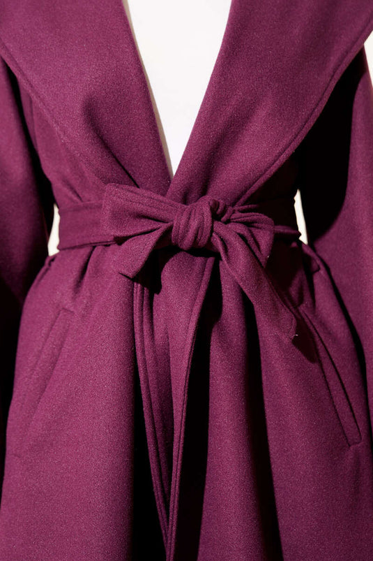 Kuşaklı Kapüşonlu Kaşe Kaban Mor
