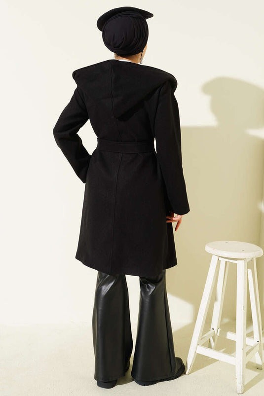 معطف كشمير أسود بحزام وغطاء للرأس