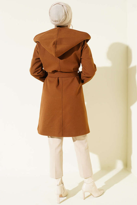 Kuşaklı Kapüşonlu Kaşe Kaban Taba