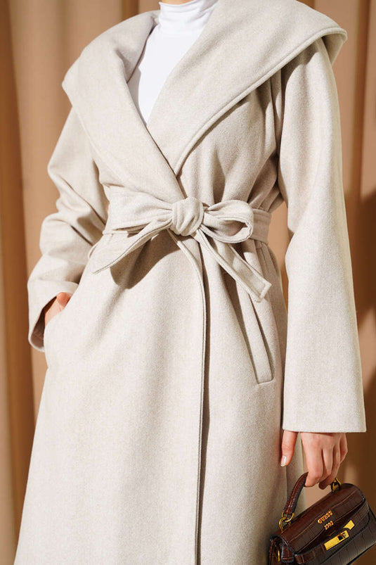 Belted Hooded Cashmere Coat Stone