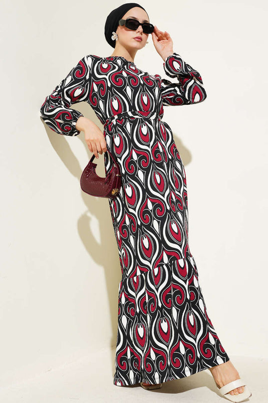 فستان كريب بحزام ونقوش متنوعة، لون عنابي