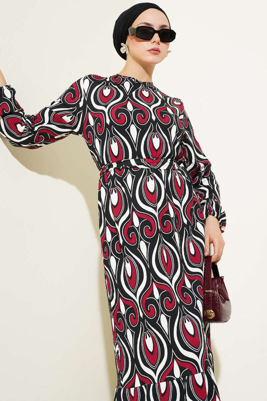 فستان كريب بحزام ونقوش متنوعة، لون عنابي