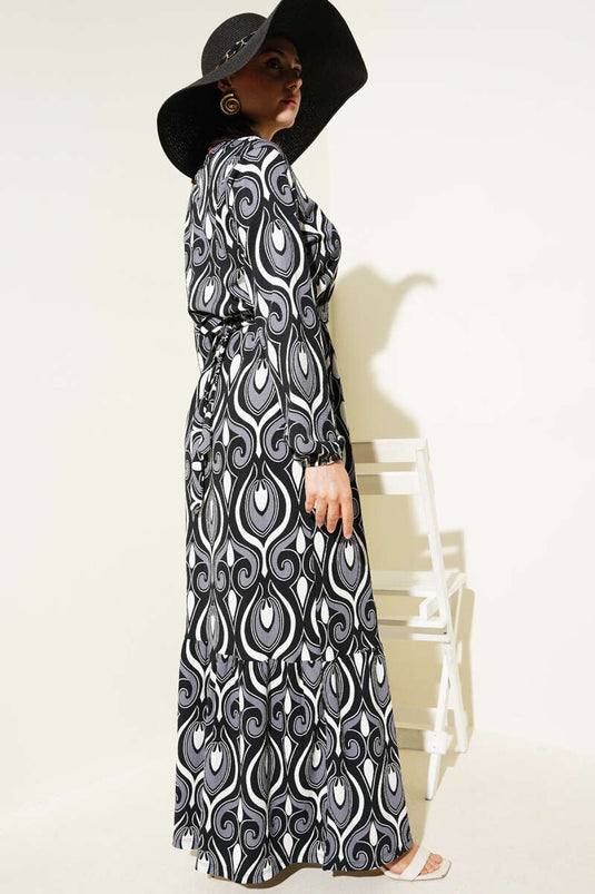 فستان من الكريب بحزام ونقوش متنوعة باللون الدخاني