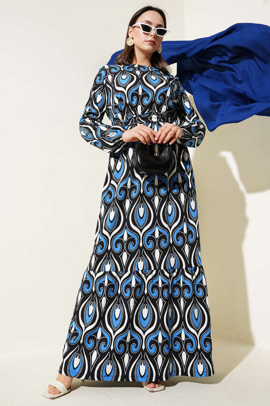 فستان من الكريب بحزام ونقوش متنوعة باللون الساكسوني