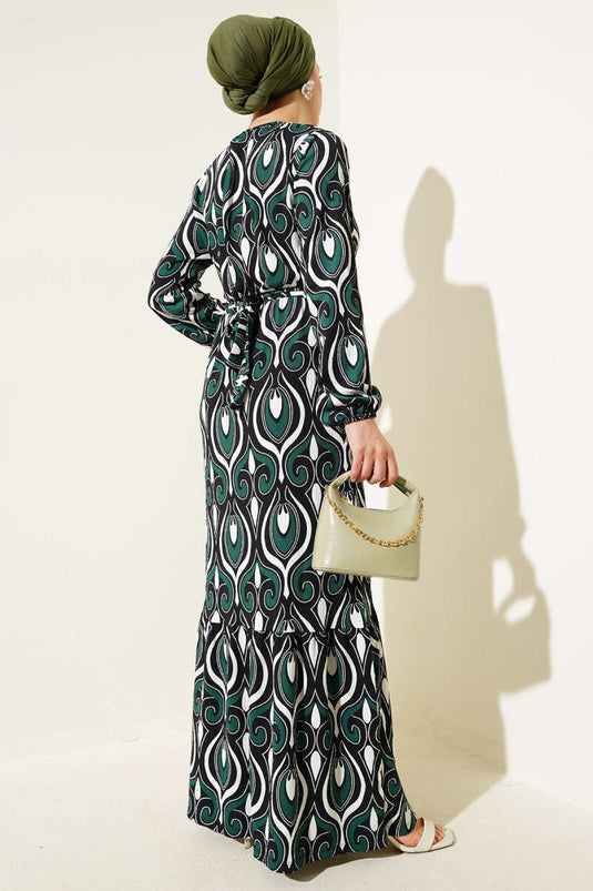 فستان من الكريب بحزام ونقوش متنوعة، لون زمردي