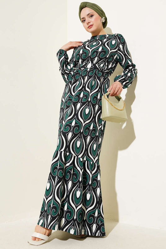 فستان من الكريب بحزام ونقوش متنوعة، لون زمردي