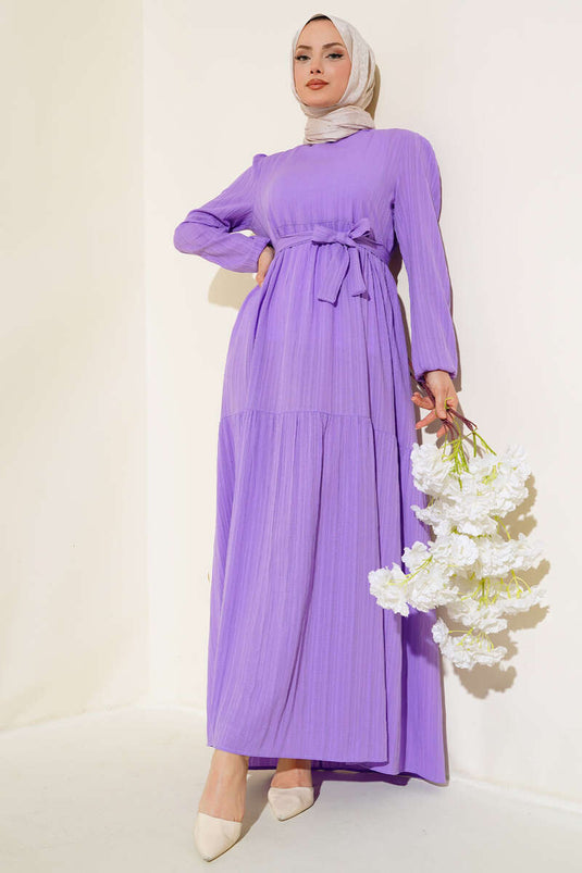 فستان مرن بطبقات معصم وحزام أرجواني