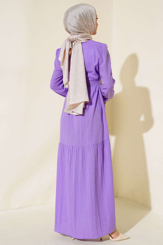 فستان مرن بطبقات معصم وحزام أرجواني