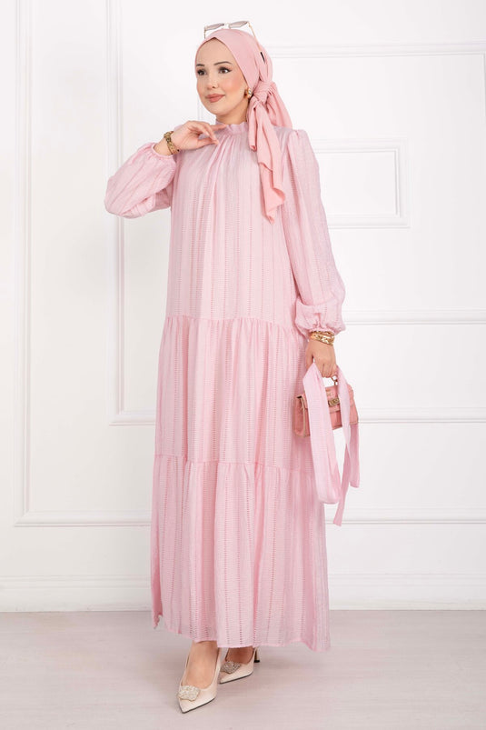 Kuşaklı Kat Kat Elbise Pembe